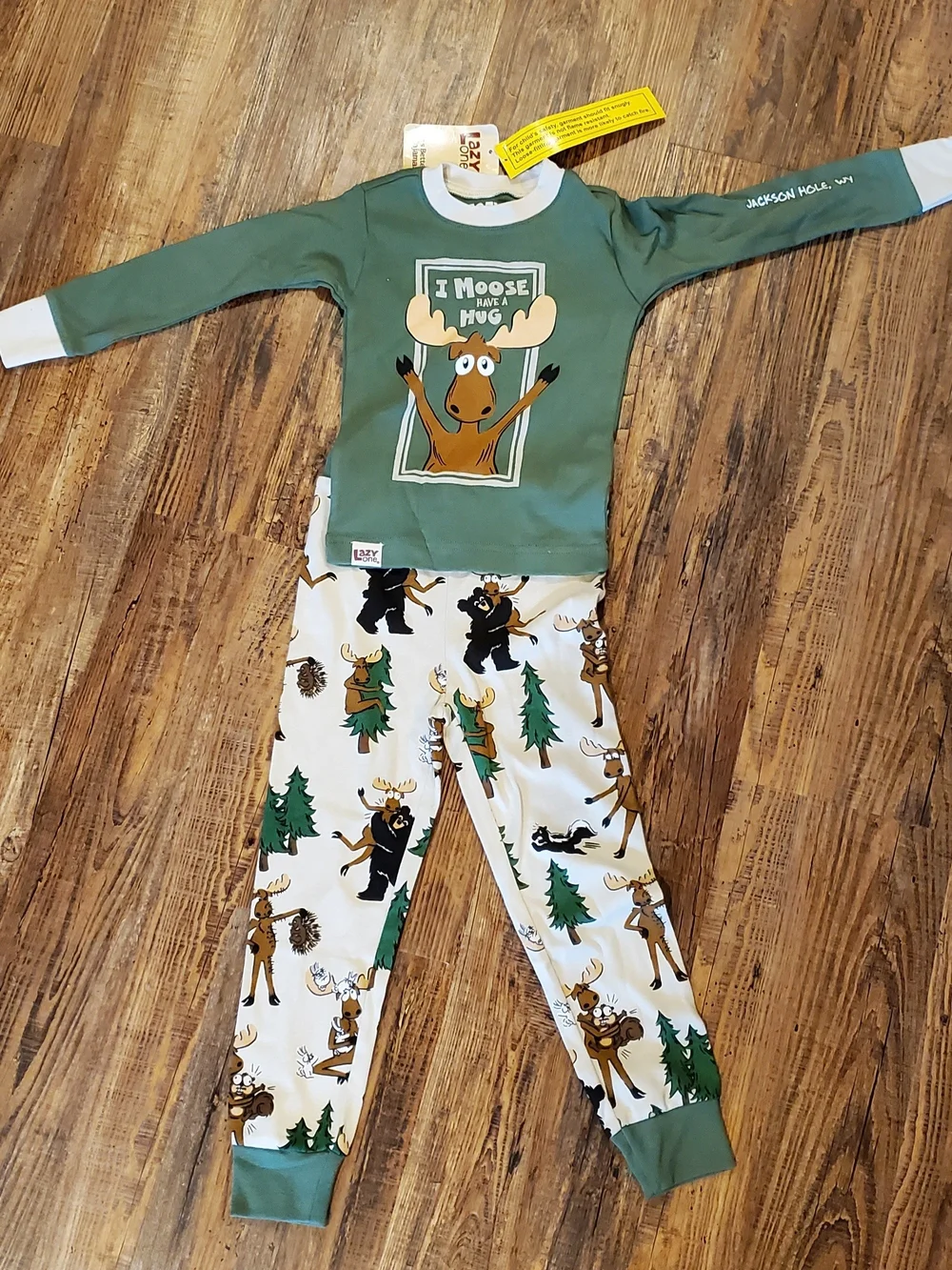 Lazy One Green Moose Graphic Kids Pajama Set with Cream Printed Pants